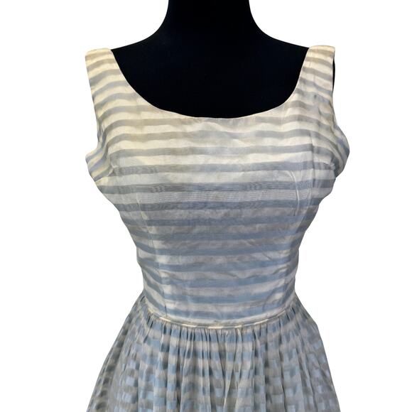 1950s Ice Blue Organza Party Dress with Appliqué – Sheer Stripe Full Skirt AS-IS - Picture 3 of 16